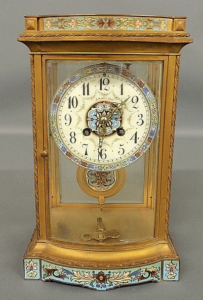 Appraisal: - Brass and beveled glass bow-front mantel clock with colorful