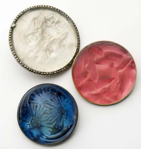 Appraisal: RENE LALIQUE Three brooches Papillons with pink foil backing Deux