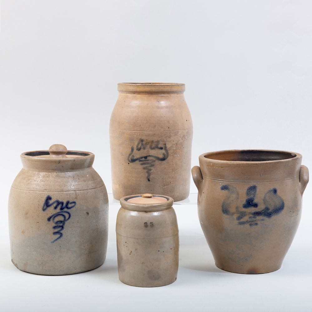 Appraisal: Four American Salt Glazed Stoneware Vessels Comprising A crock and