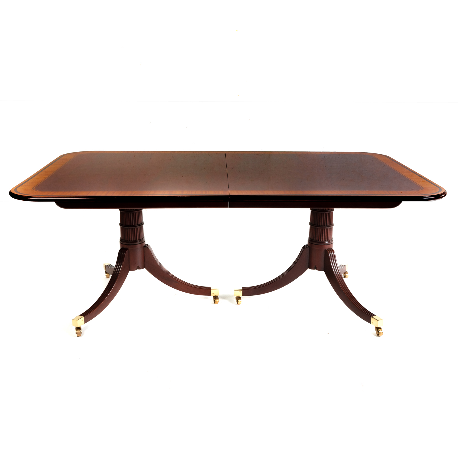 Appraisal: BAKER MAHOGANY BANDED DOUBLE PEDESTAL DINING TABLE Late th century