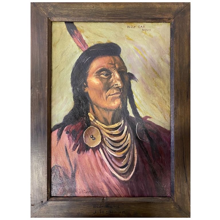 Appraisal: Indian Oil Painting On Canvas Wolf Ear Indian Oil Painting