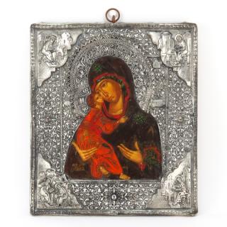 Appraisal: th Century Russian Hand painted Wood Icon With Intricate Silver