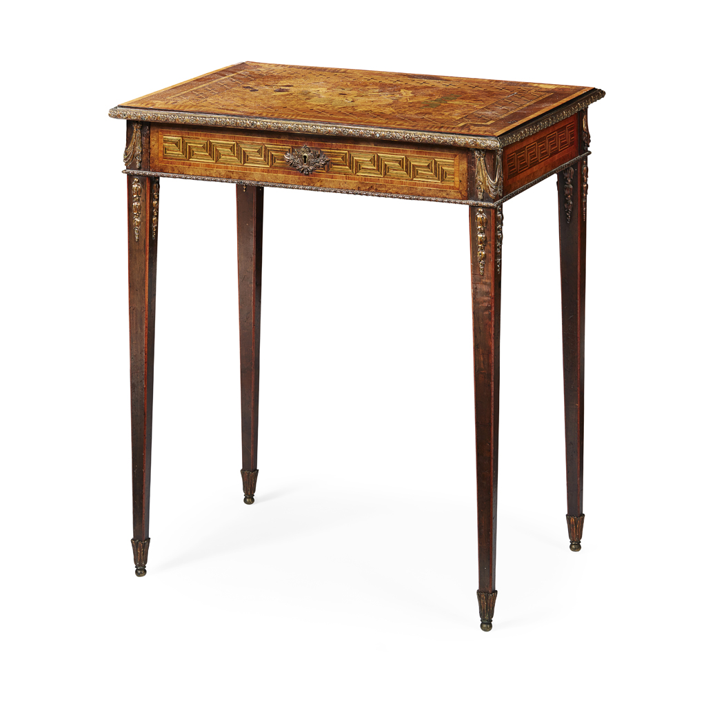 Appraisal: CONTINENTAL BURRWOOD MAHOGANY SATINWOOD AND FRUITWOOD MARQUETRY GILT METAL MOUNTED