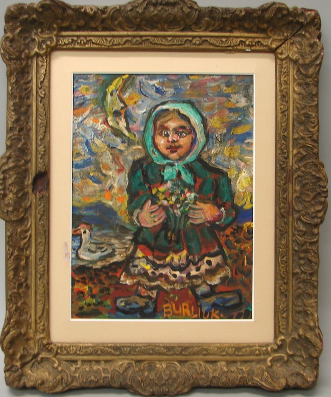 Appraisal: David Burliuk Girl with flowers oil on board x sight