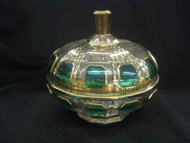 Appraisal: Moser Art Glass Covered Dish emerald window design on elaborate