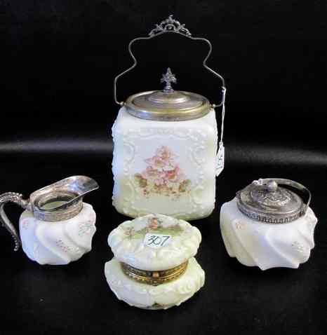 Appraisal: FOUR PIECES WAVECREST ART GLASS unmarked biscuit jar ''SQ x