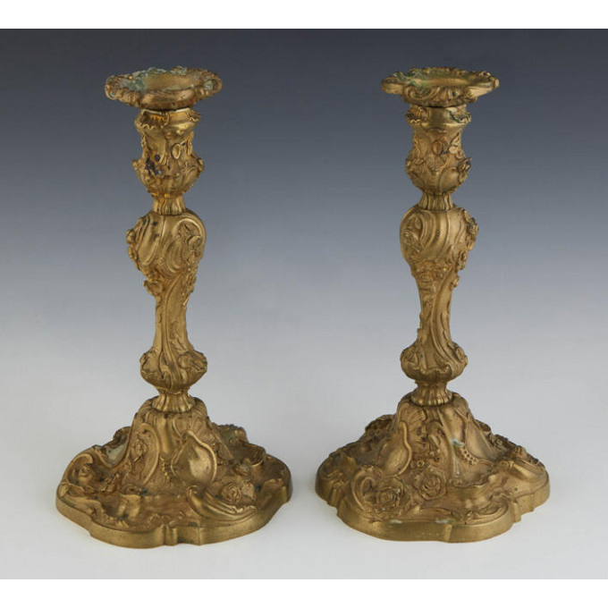 Appraisal: Pair of Gilt Bronze Candlesticks c the floriform bobeche atop