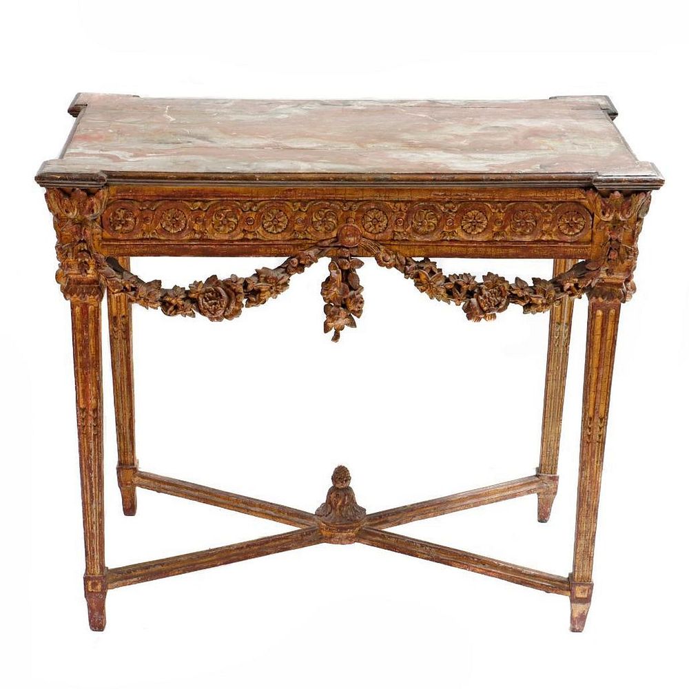 Appraisal: Italian Rococo Console Table The faux marble painted top over