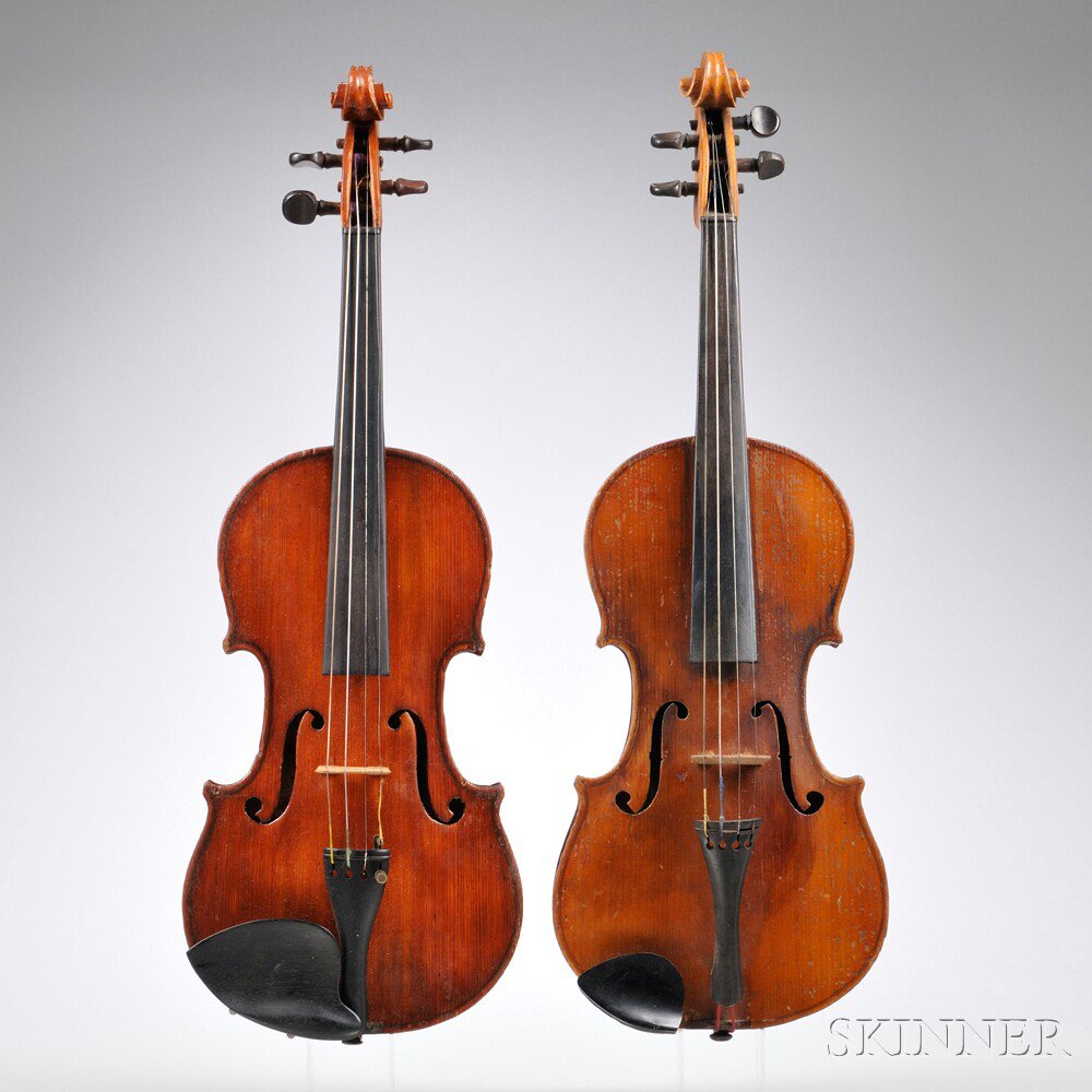 Appraisal: Two Violins one labeled STRADIVARIUS one labeled BRETON BREVETTE length