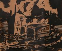 Appraisal: Unsigned Woodcut Unsigned woodcut depicts a truck Abstracted background may