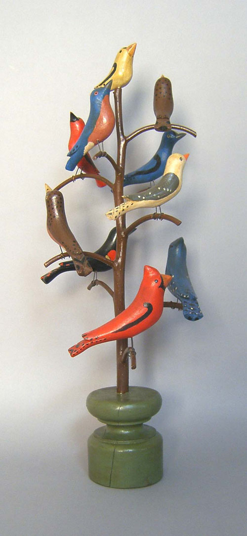 Appraisal: Contemporary carved and painted bird tree h Provenance Collection of