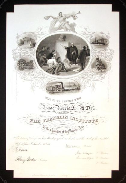 Appraisal: piece Engraved Document Franklin Institute Membership certificate of Isaac Morris