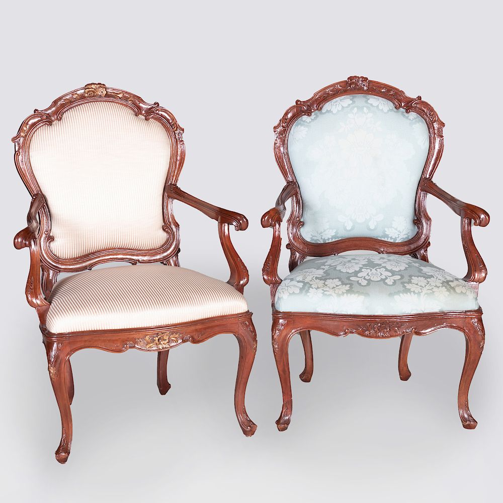 Appraisal: Two Similar Italian Rococo Style Stained Wood Armchairs One with