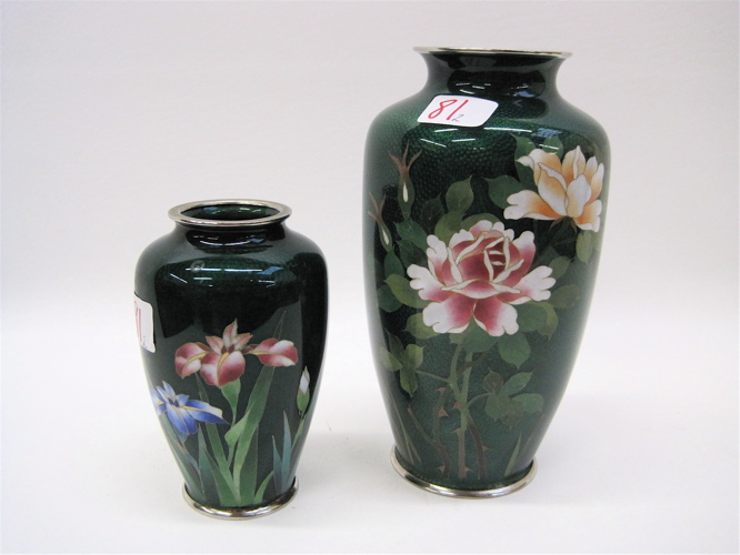 Appraisal: TWO JAPANESE CLOISONNE VASES with floral decorations on green foil