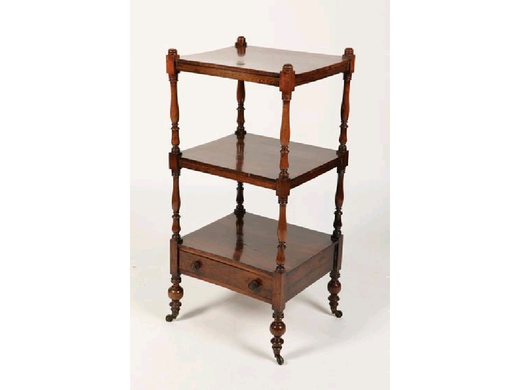 Appraisal: A LATE REGENCY ROSEWOOD WHATNOT the three shelves with baluster