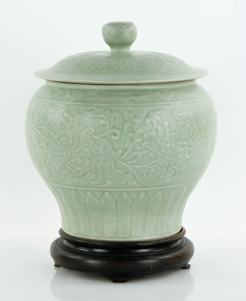 Appraisal: - Chinese Celadon Covered Jar Celadon jar on wood stand