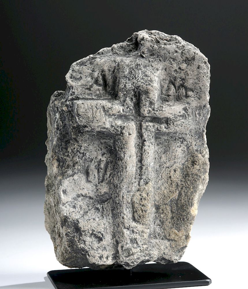 Appraisal: Medieval European Stone Tombstone Fragment w Crucifix Western Europe probably