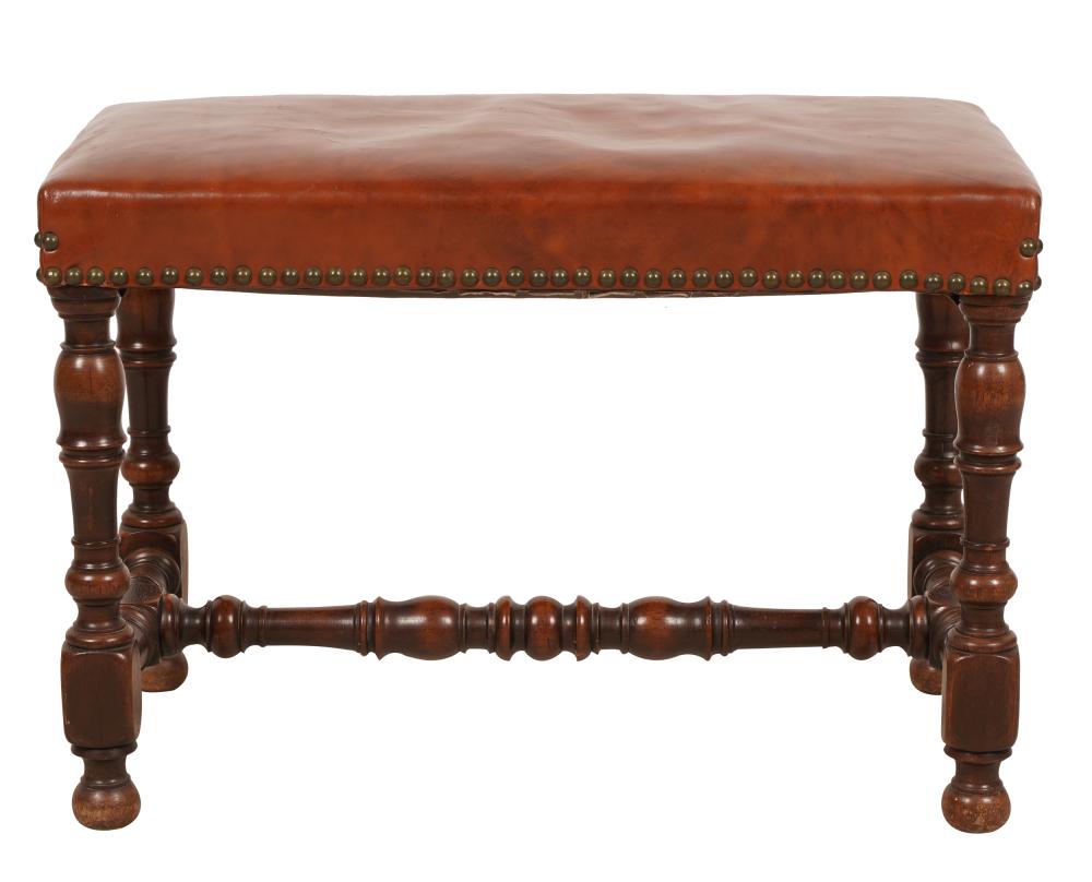 Appraisal: ENGLISH TURNED WOOD BENCHcovered with leather with nailhead trim inches