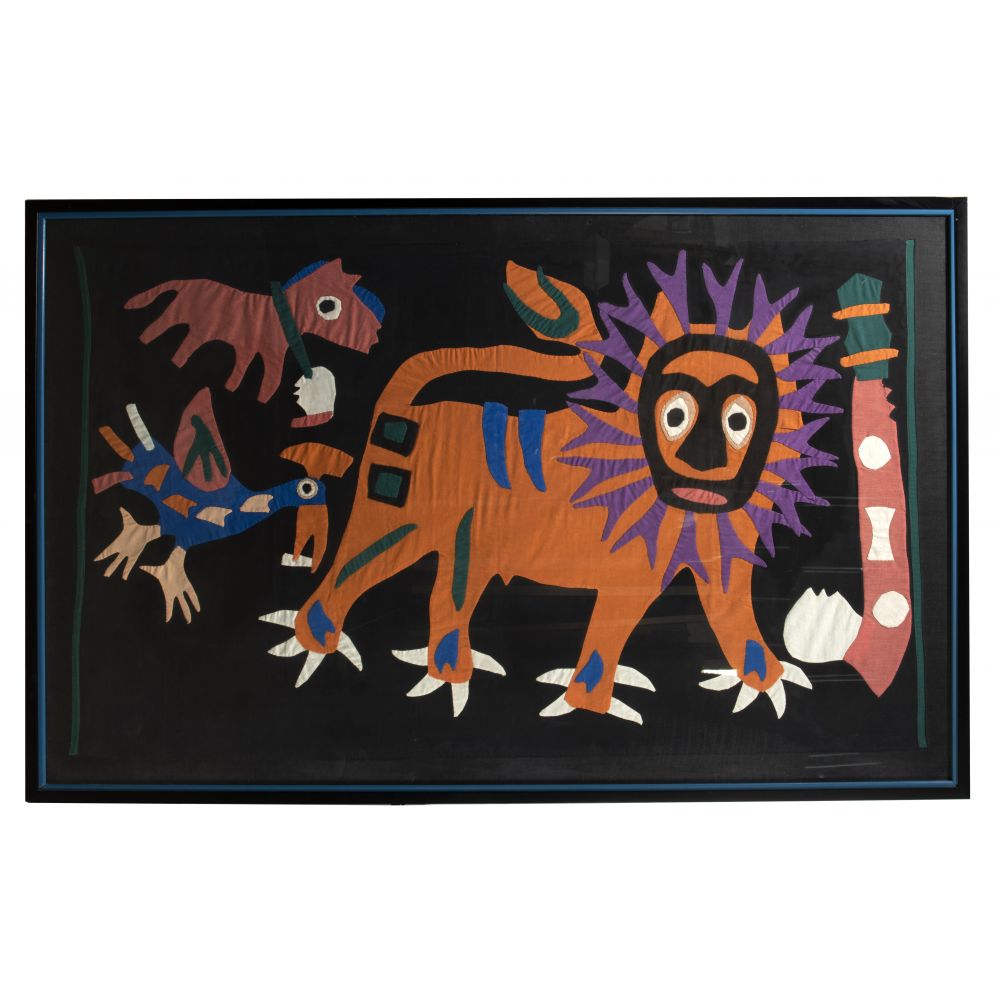 Appraisal: LION FABRIC MOLAHand-pieced multi-colored textile depicting a lion a bird