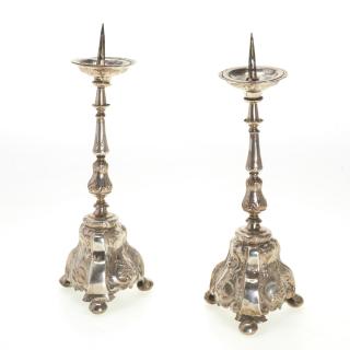 Appraisal: Pr Continental Rococo silver candle prickets Pr Continental Rococo silver