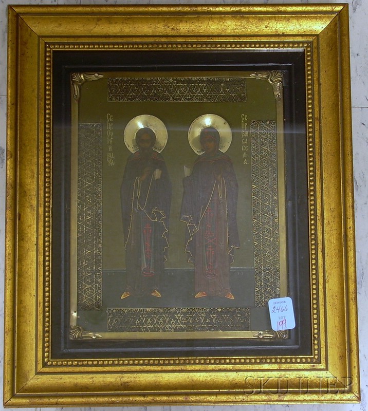 Appraisal: Shadow Box Framed Russian th Century Style Gilt-metal Mounted Tempera