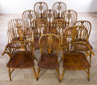 Appraisal: Windsor Chairs Set of Twelve Ash Elm Wood Lovely late