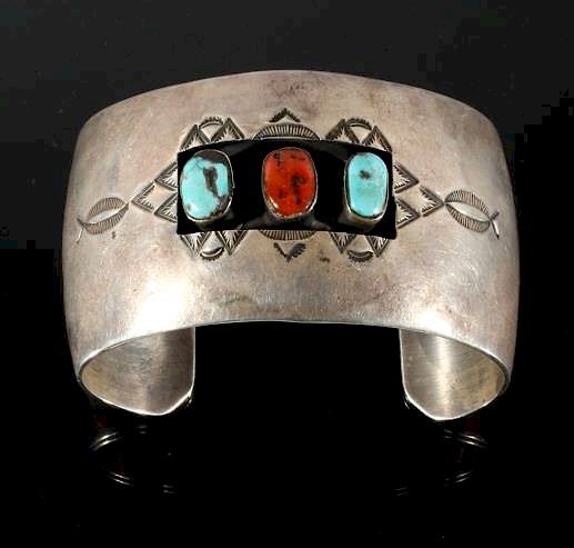 Appraisal: Navajo Sterling Turquoise Coral Shadowbox Cuff For sale in this