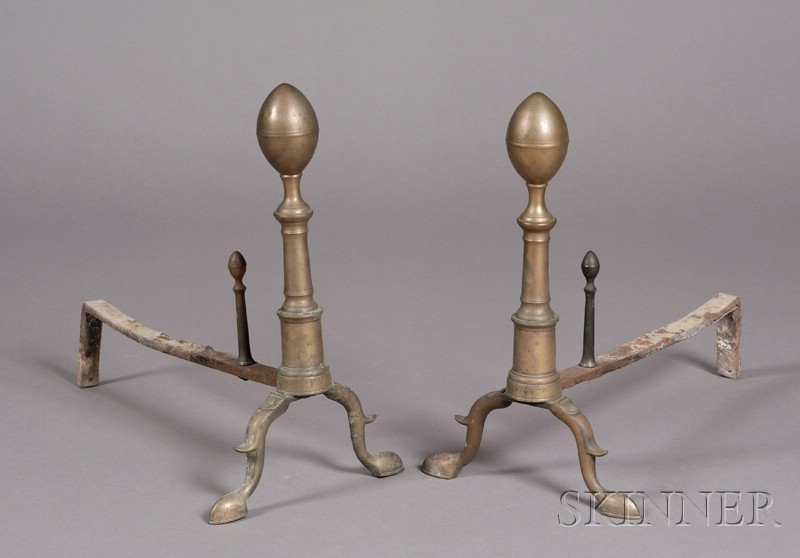 Appraisal: Pair of Federal Brass and Iron Lemon-top Andirons America early