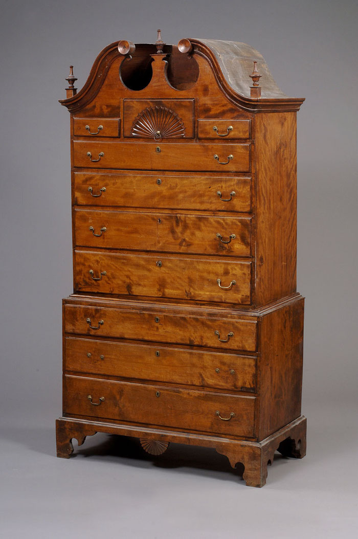 Appraisal: NORTH SHORE MASSACHUSETTS CHIPPENDALE CARVED BIRCH BONNET TOP CHEST-ON-CHEST The