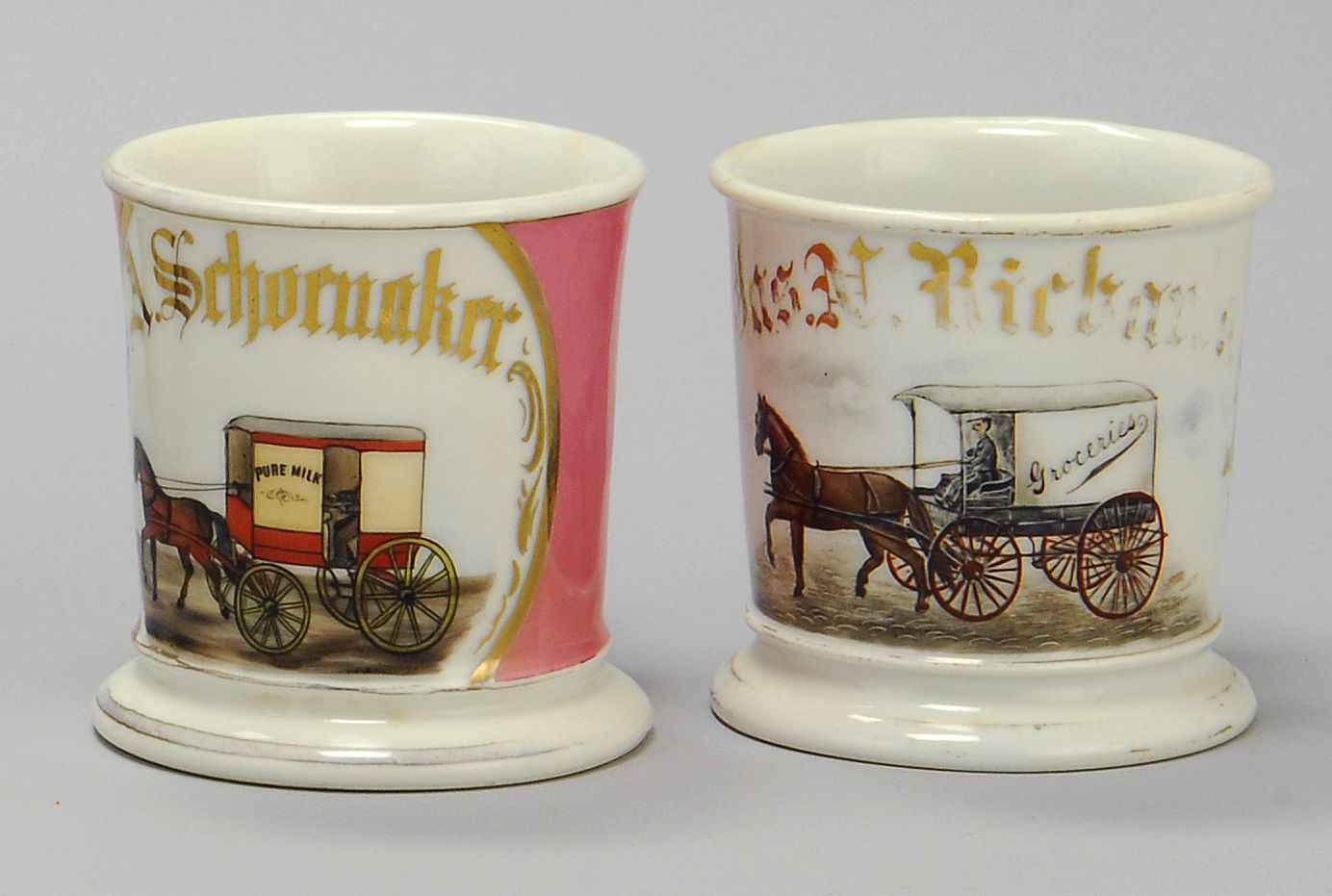 Appraisal: TWO OCCUPATIONAL SHAVING MUGS Early th CenturyWith milk wagon and