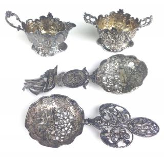 Appraisal: pc Continental silver repousse figural openwork small creamer sugar spoons