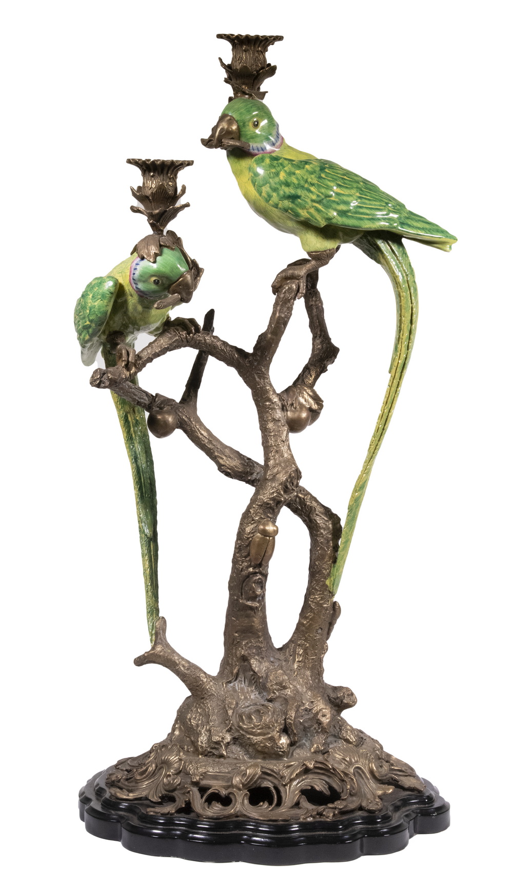 Appraisal: BRONZE PORCELAIN PARROTS CANDELABRUM Large Two-Light Candleholder consisting of a