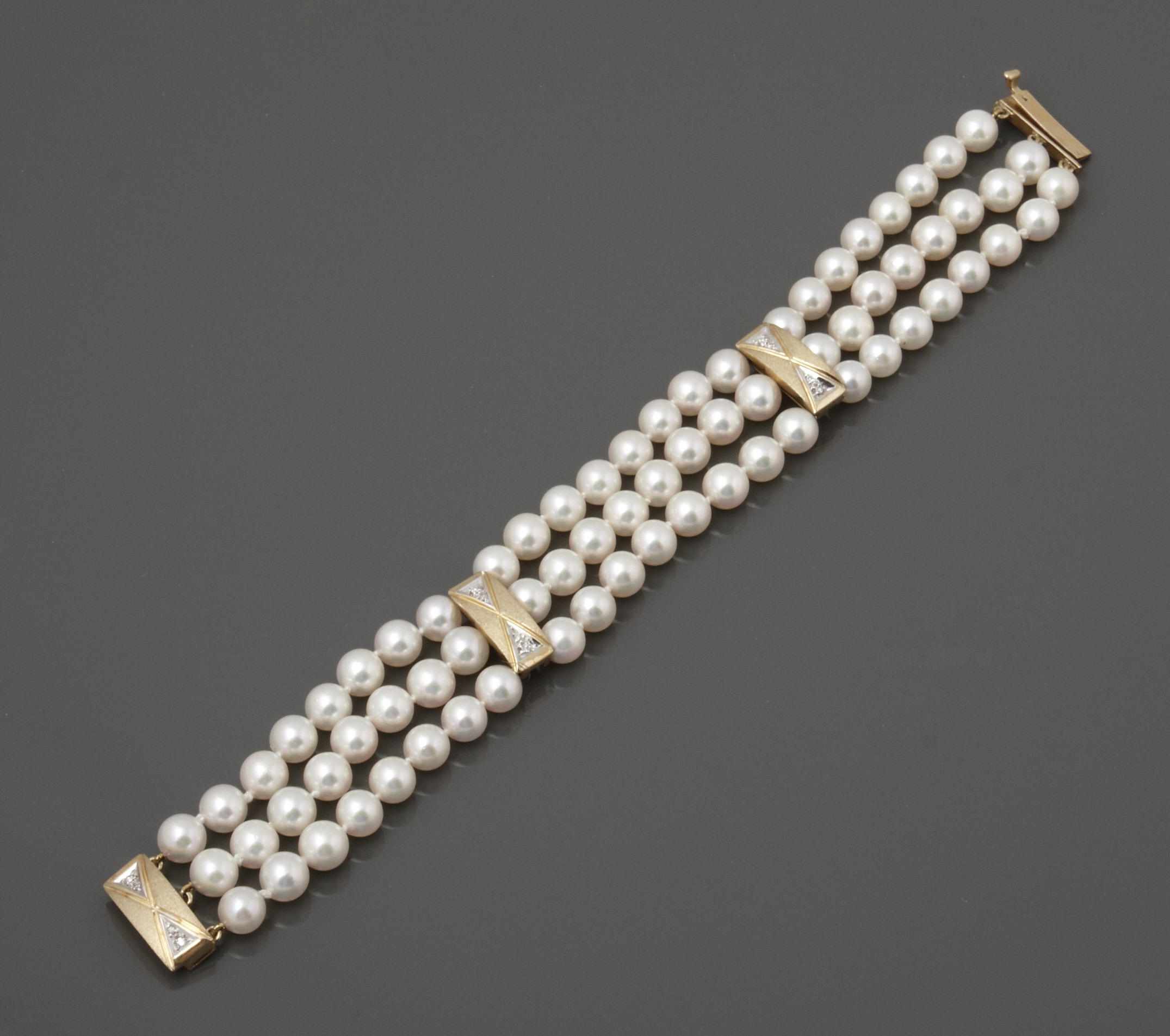 Appraisal: Property from a Boston Collector A three-row cultured pearl and