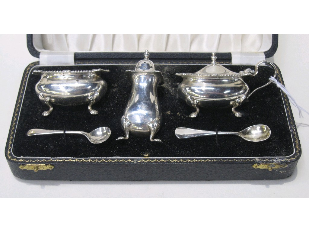 Appraisal: Cased three piece silver condiment set Birmingham