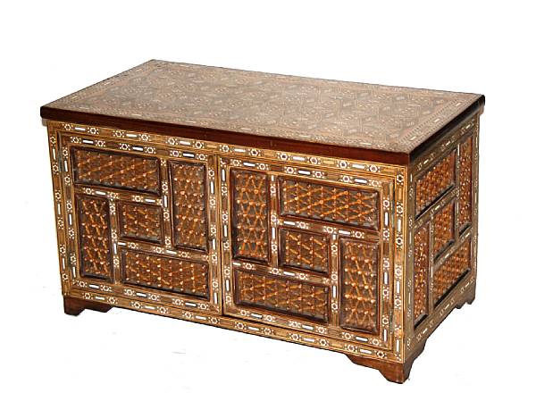 Appraisal: A Moorish style inlaid hardwood chest height in width in