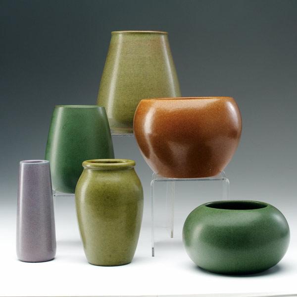 Appraisal: MARBLEHEAD Six vases covered in various matte glazes Fleck and