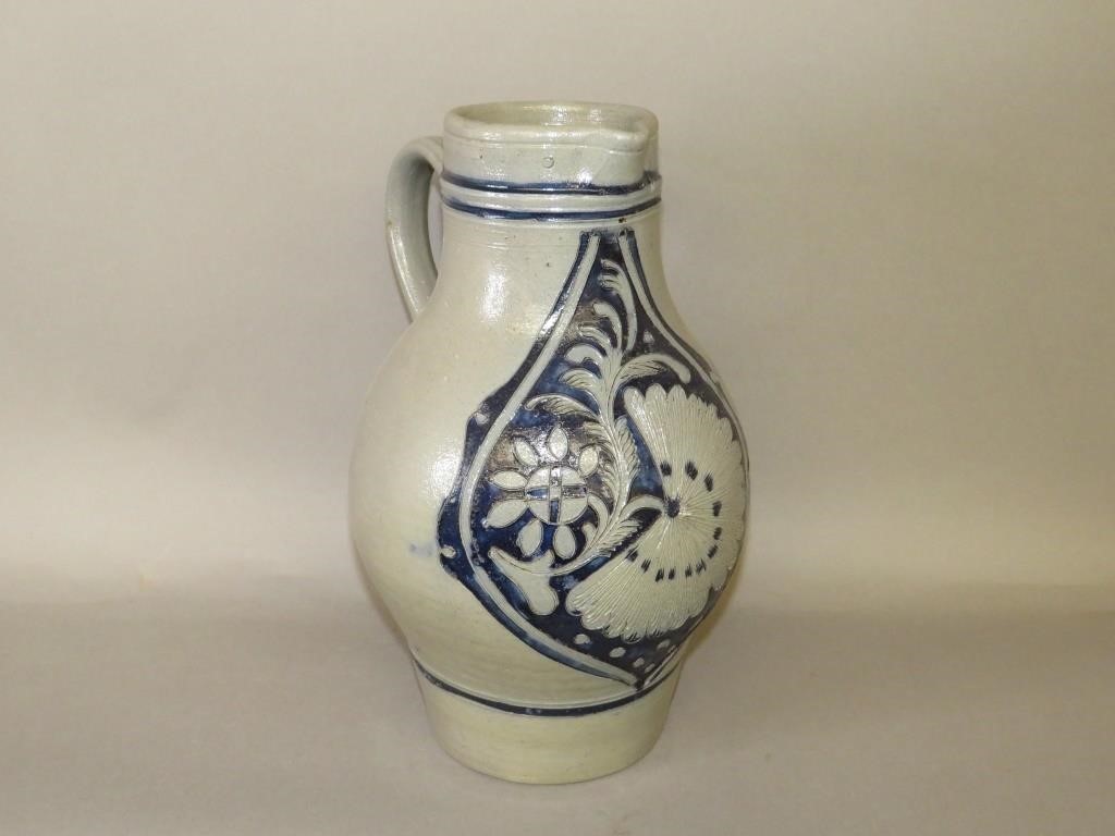 Appraisal: LITER COBALT DECORATED STONEWARE PITCHERca mid-late th century three liter