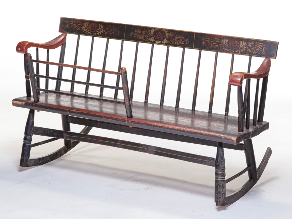 Appraisal: AMERICAN DECORATED MAMMY'S BENCH Second quarter th century mixed woods