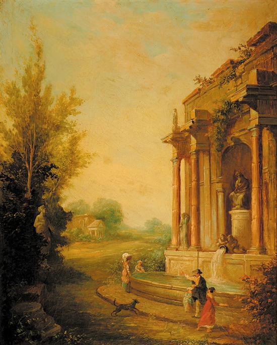 Appraisal: Laurent French th century ARCHITECTURAL RUINS IN LANDSCAPE oil on