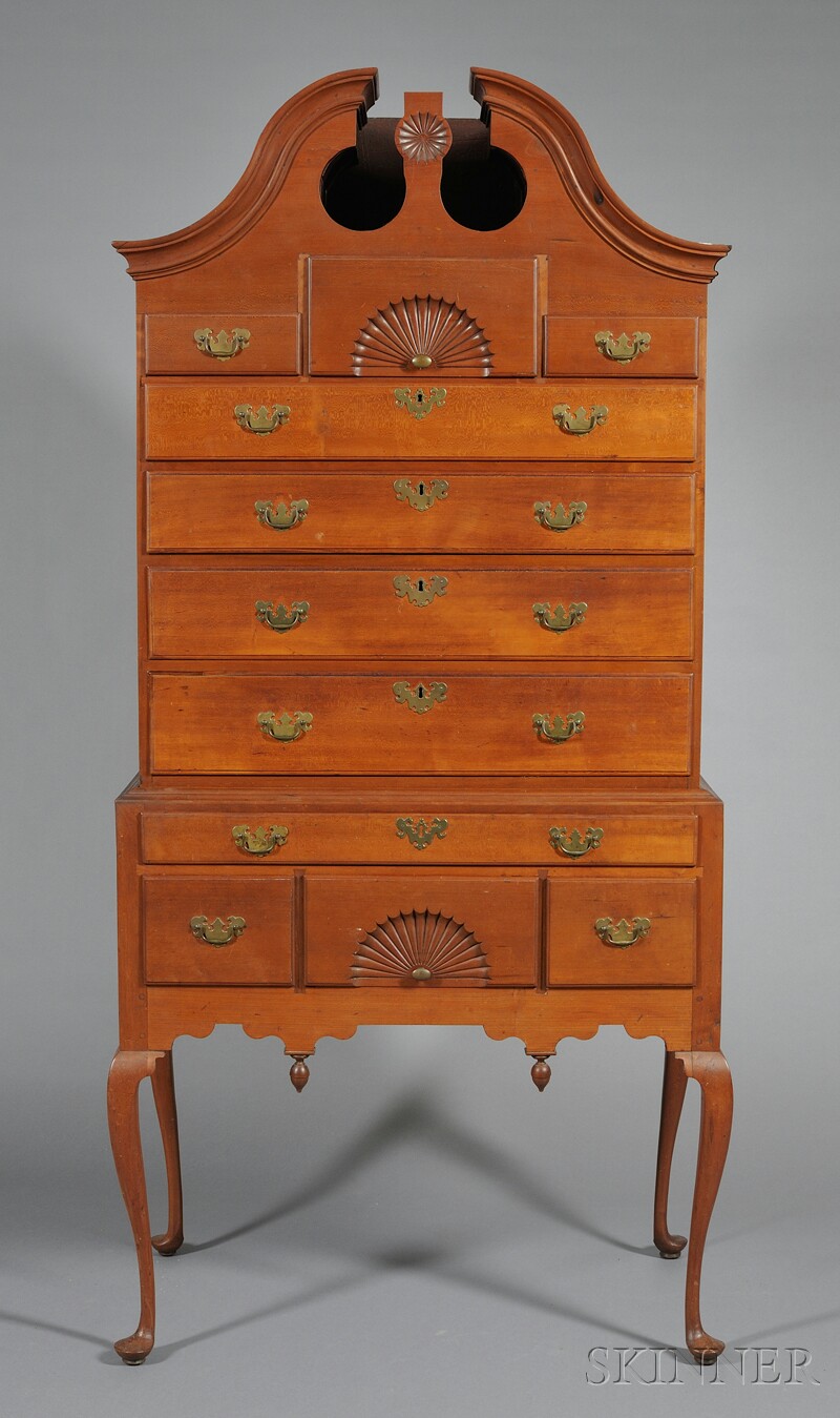 Appraisal: Queen Anne Cherry Carved Scroll-top High Chest of Drawers probably