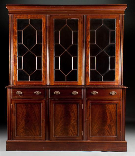 Appraisal: George III style inlaid mahogany glazed panel two-part bookcase early