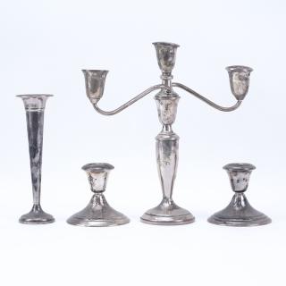 Appraisal: Sterling Silver Tabletop Items Includes weighted candelabra pair candlesticks bud