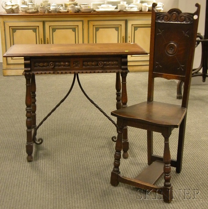 Appraisal: Spanish-style Carved Oak and Wrought Iron Side Table and Side