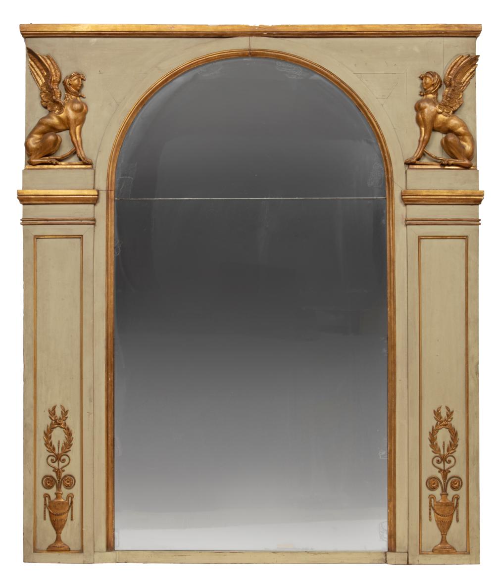 Appraisal: Large Empire-Style Painted and Parcel Gilt Overmantel Mirror arched divided