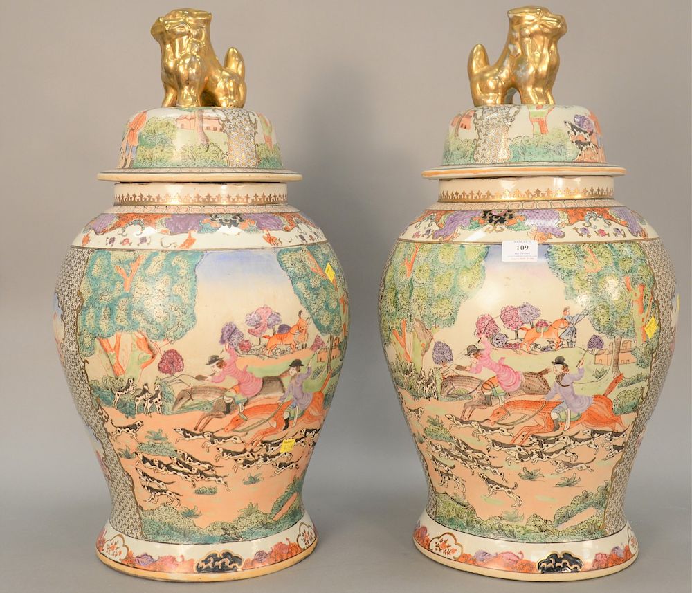 Appraisal: Pair of large Chinese porcelain Jars having painted English hunt