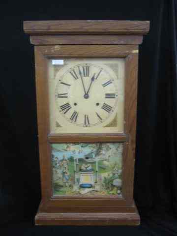 Appraisal: Yellow Pine Mantle Clock Victorian lithographon lower door '' working