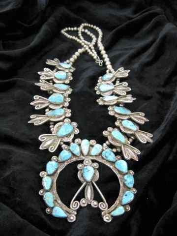 Appraisal: Indian Turquoise Squash Blossom Necklace sterling '' long excellent