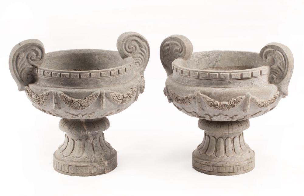 Appraisal: Pair of Italian Pale Green Marble Urns scroll handles garland