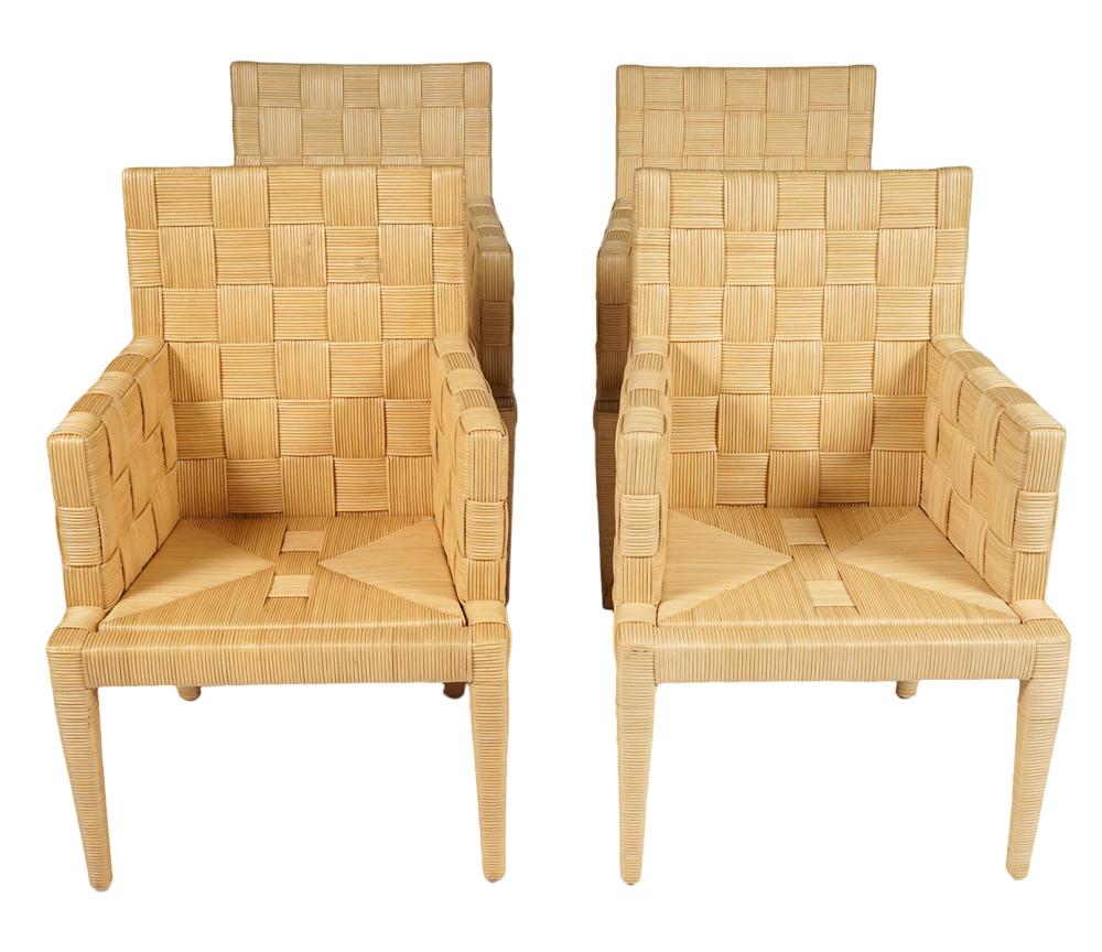 Appraisal: DONGHIA 'BLOCK ISLAND' WOVEN RATTAN CHAIRS Angelo Donghia arm chairs