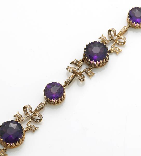 Appraisal: An amethyst diamond and k gold bracelet featuring bow motif